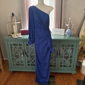 Ieena for Mac Duggal - 55398 Split Sleeve One Shoulder Blue Gown Size 4 NWT